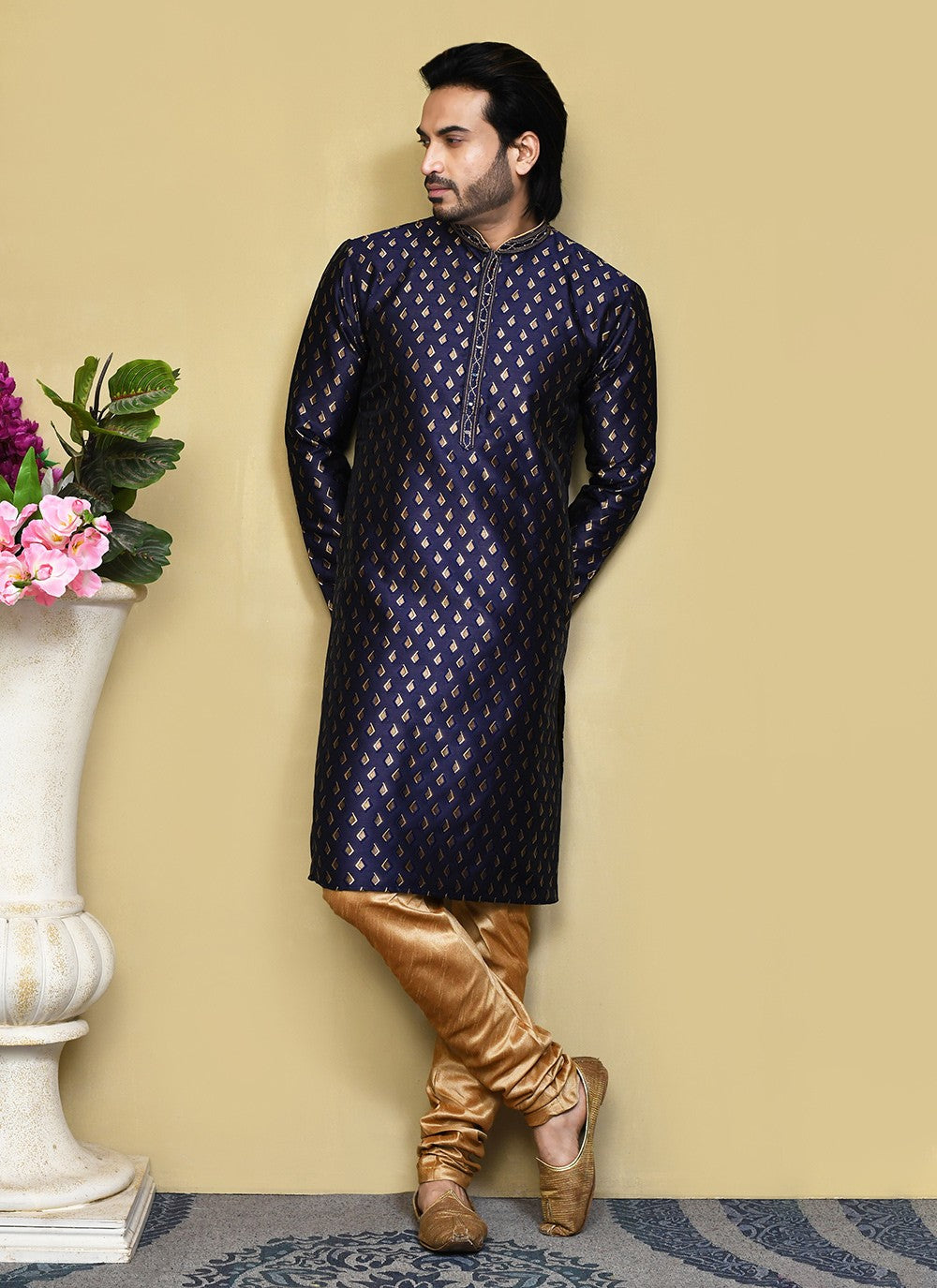 Resham Art Silk Navy Blue Kurta Pyjama - M7858