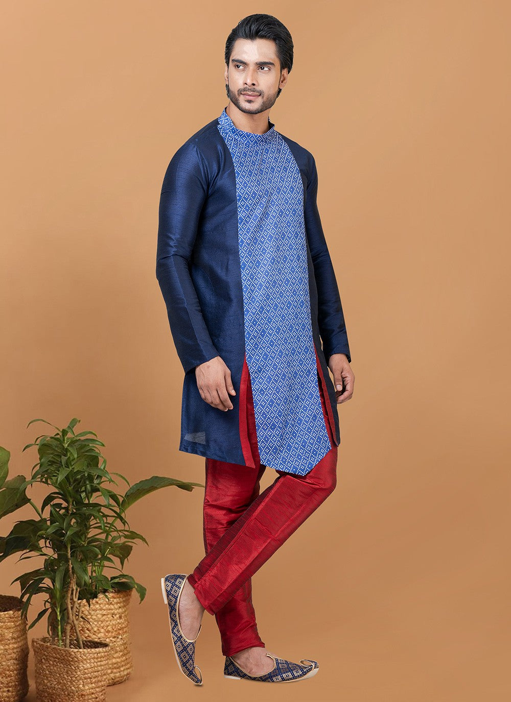 Digital Print Banarasi Silk, Cotton Navy Blue Kurta Pyjama - M5963