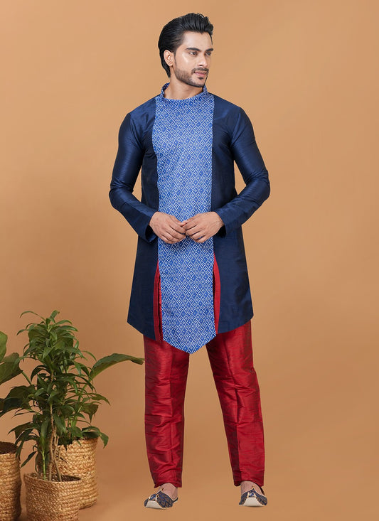 Digital Print Banarasi Silk, Cotton Navy Blue Kurta Pyjama - M5963