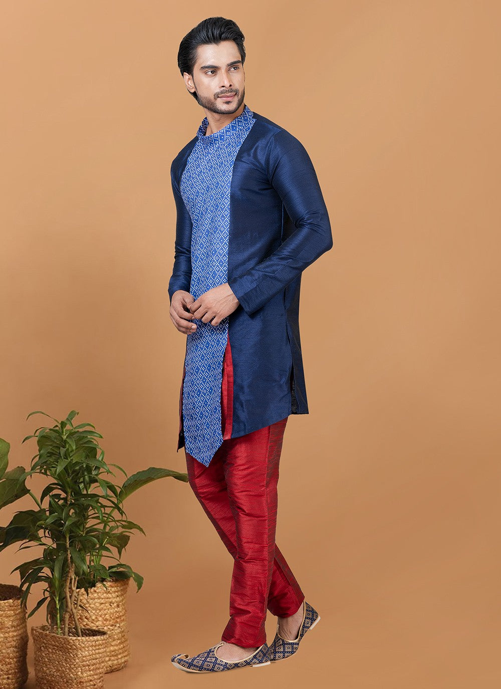 Digital Print Banarasi Silk, Cotton Navy Blue Kurta Pyjama - M5963