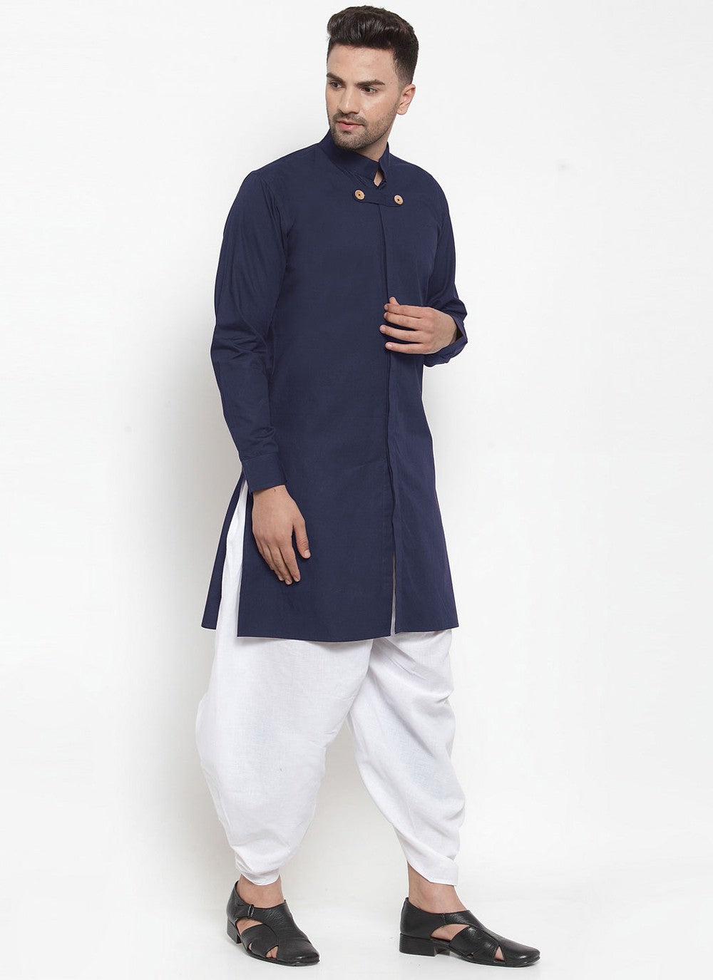 Plain Blended Cotton Navy Blue Dhoti Kurta - M4395