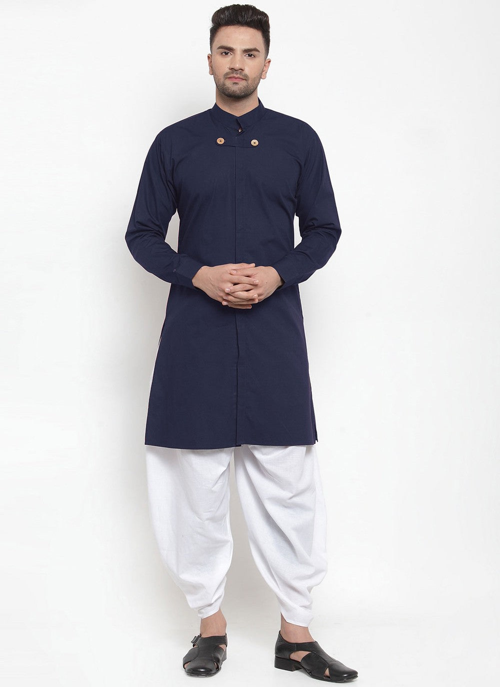 Plain Blended Cotton Navy Blue Dhoti Kurta - M4395