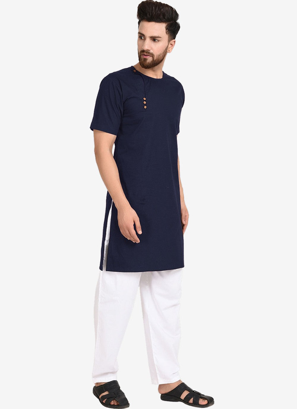 Plain Blended Cotton Navy Blue Kurta Pyjama - M4480