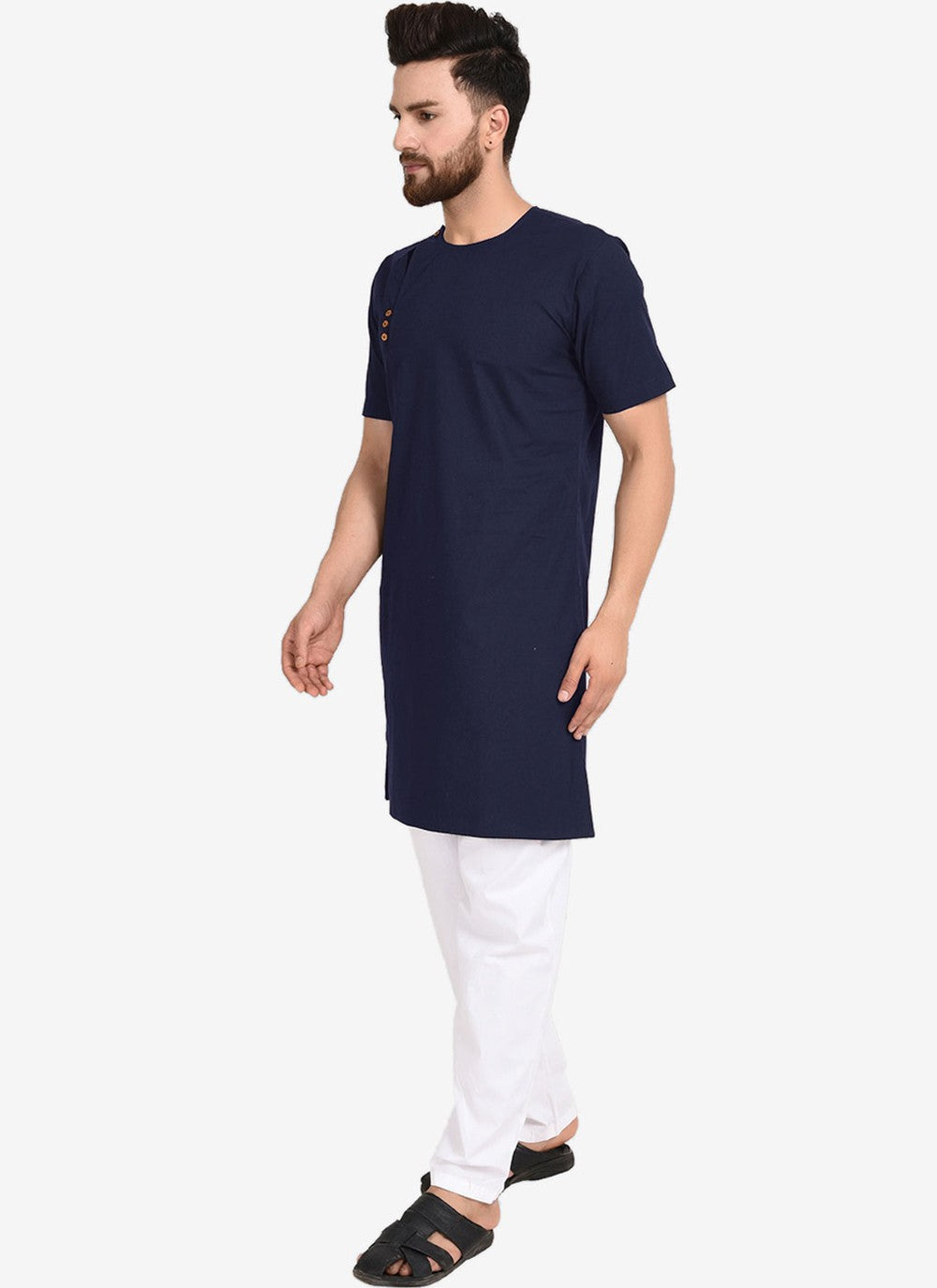 Plain Blended Cotton Navy Blue Kurta Pyjama - M4480