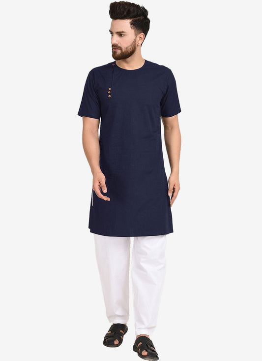 Plain Blended Cotton Navy Blue Kurta Pyjama - M4480