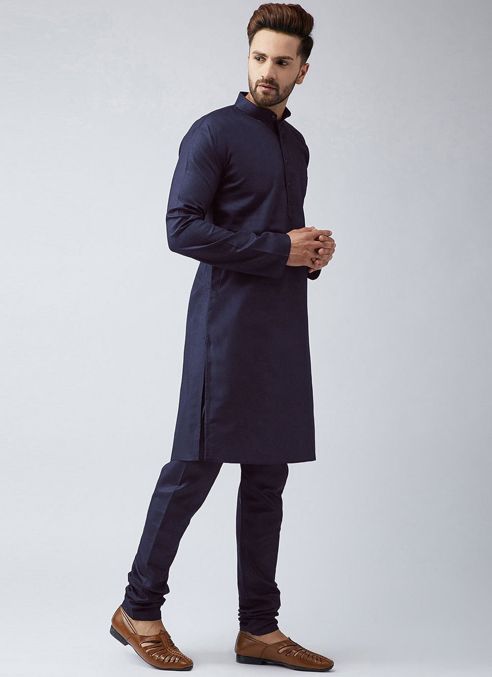 Plain Blended Cotton Navy Blue Kurta Pyjama - M4522