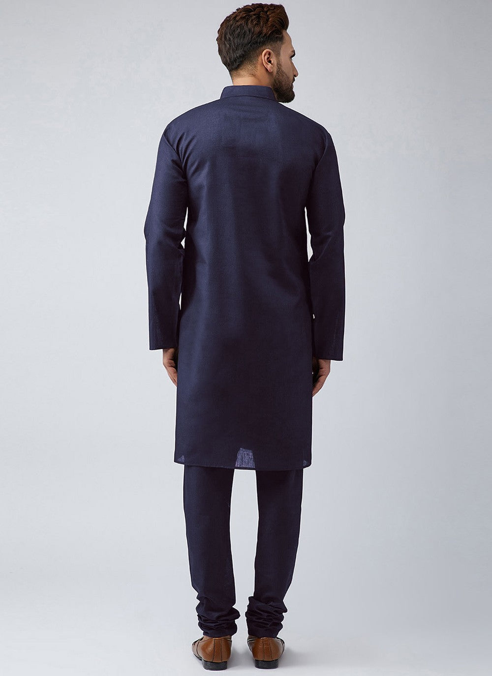 Plain Blended Cotton Navy Blue Kurta Pyjama - M4522