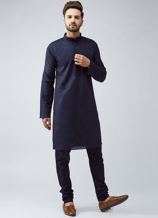 Plain Blended Cotton Navy Blue Kurta Pyjama - M4522