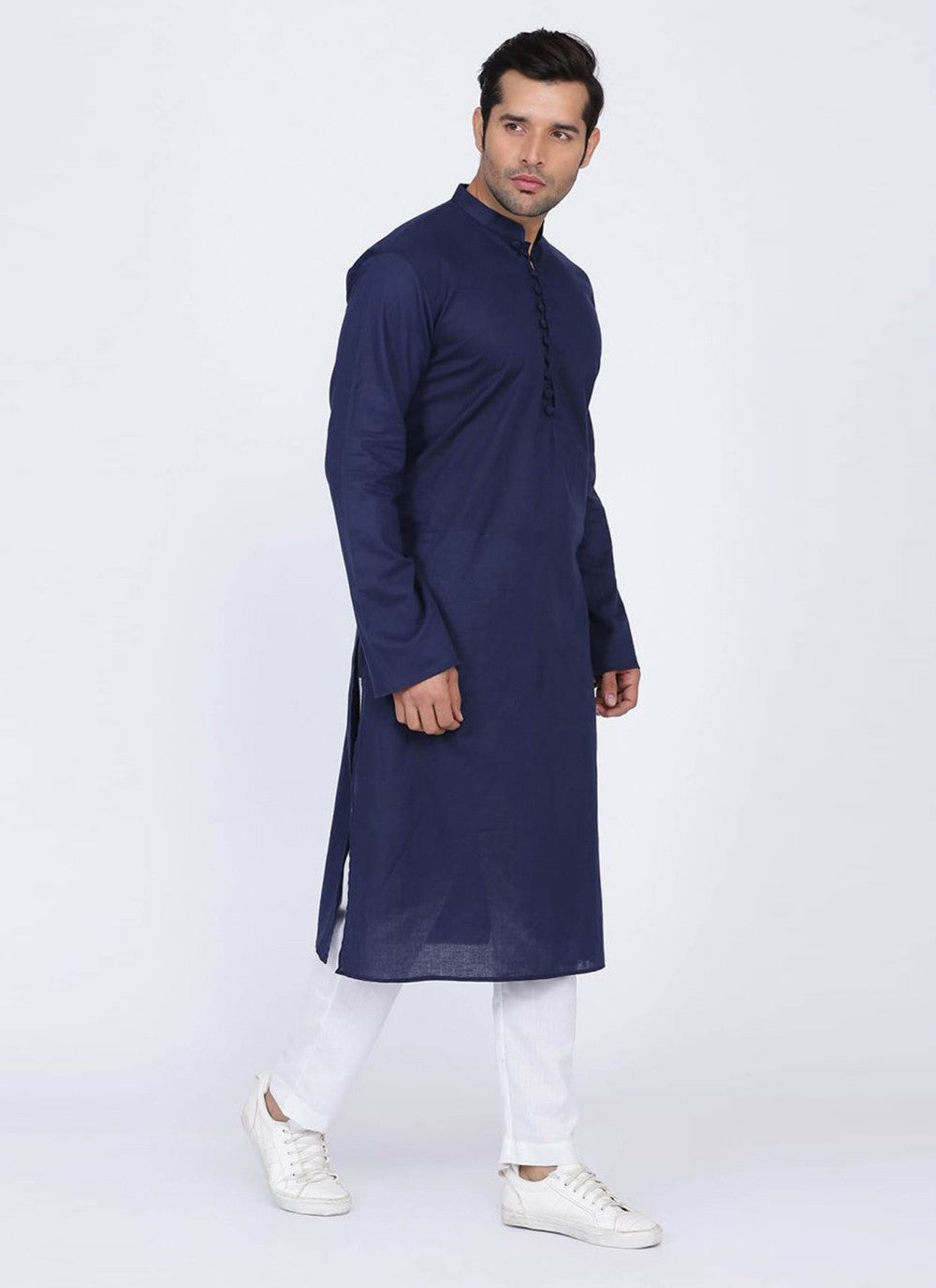 Plain Blended Cotton Navy Blue Kurta Pyjama - M6180