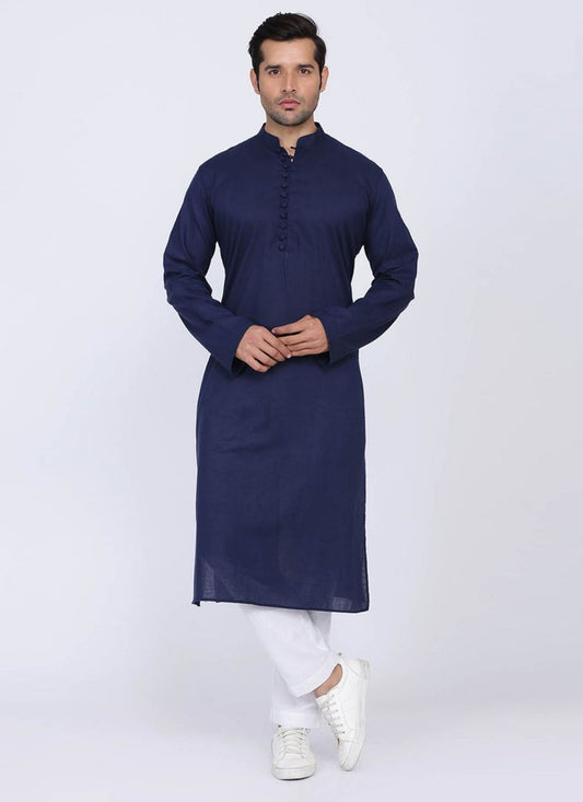 Plain Blended Cotton Navy Blue Kurta Pyjama - M6180