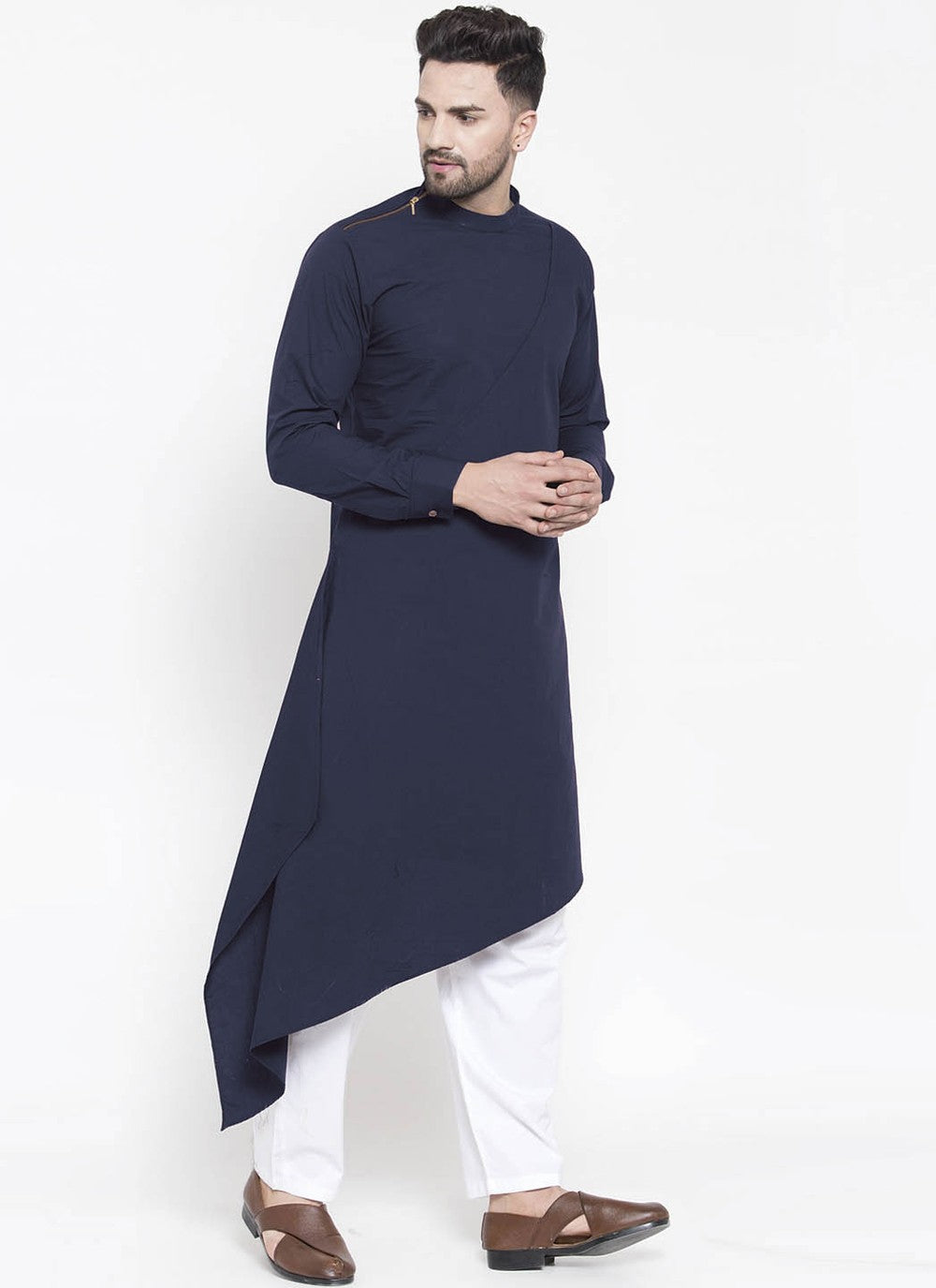 Plain Blended Cotton Navy Blue Indo Western - M4526