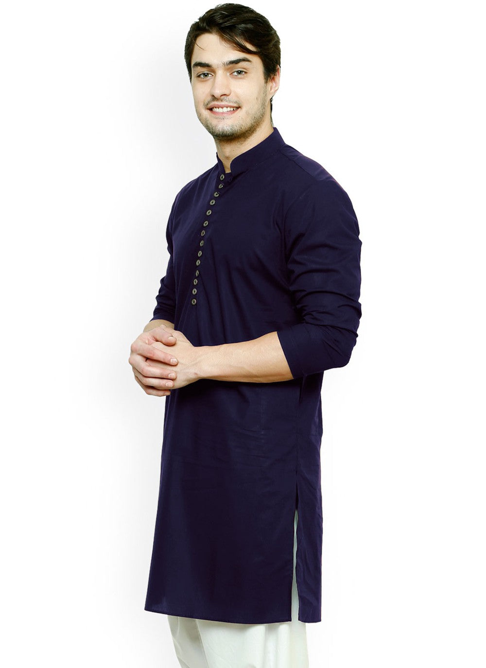 Buttons Blended Cotton Navy Blue Kurta Pyjama - M4507