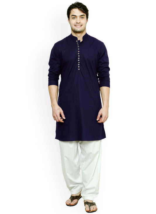 Buttons Blended Cotton Navy Blue Kurta Pyjama - M4507