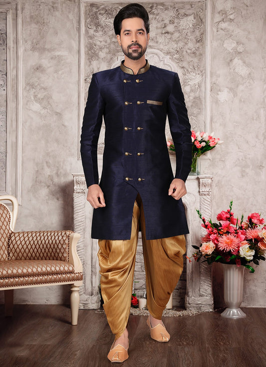 Buttons Brocade, Silk Navy Blue Indo Western Sherwani - M2984