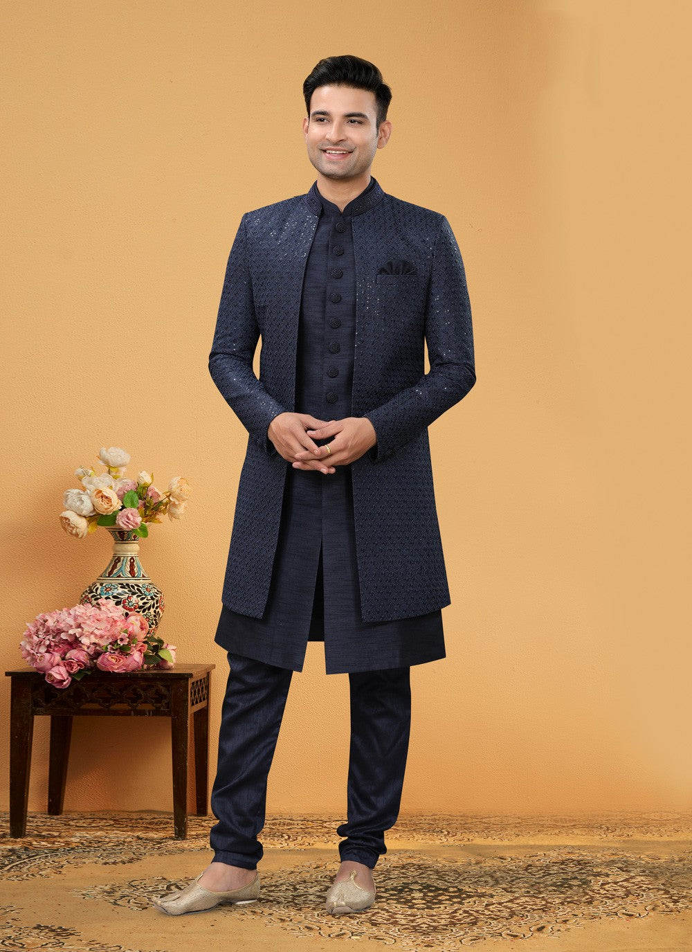 Hand Embroidery Art Silk Navy Blue Indo Western Sherwani - M5107