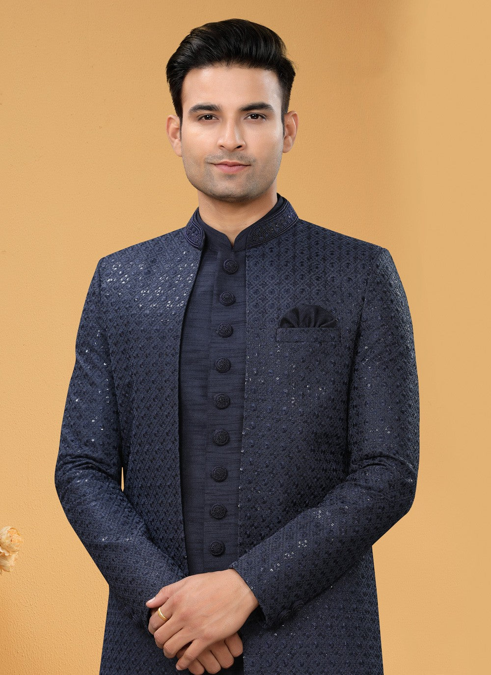 Hand Embroidery Art Silk Navy Blue Indo Western Sherwani - M5107