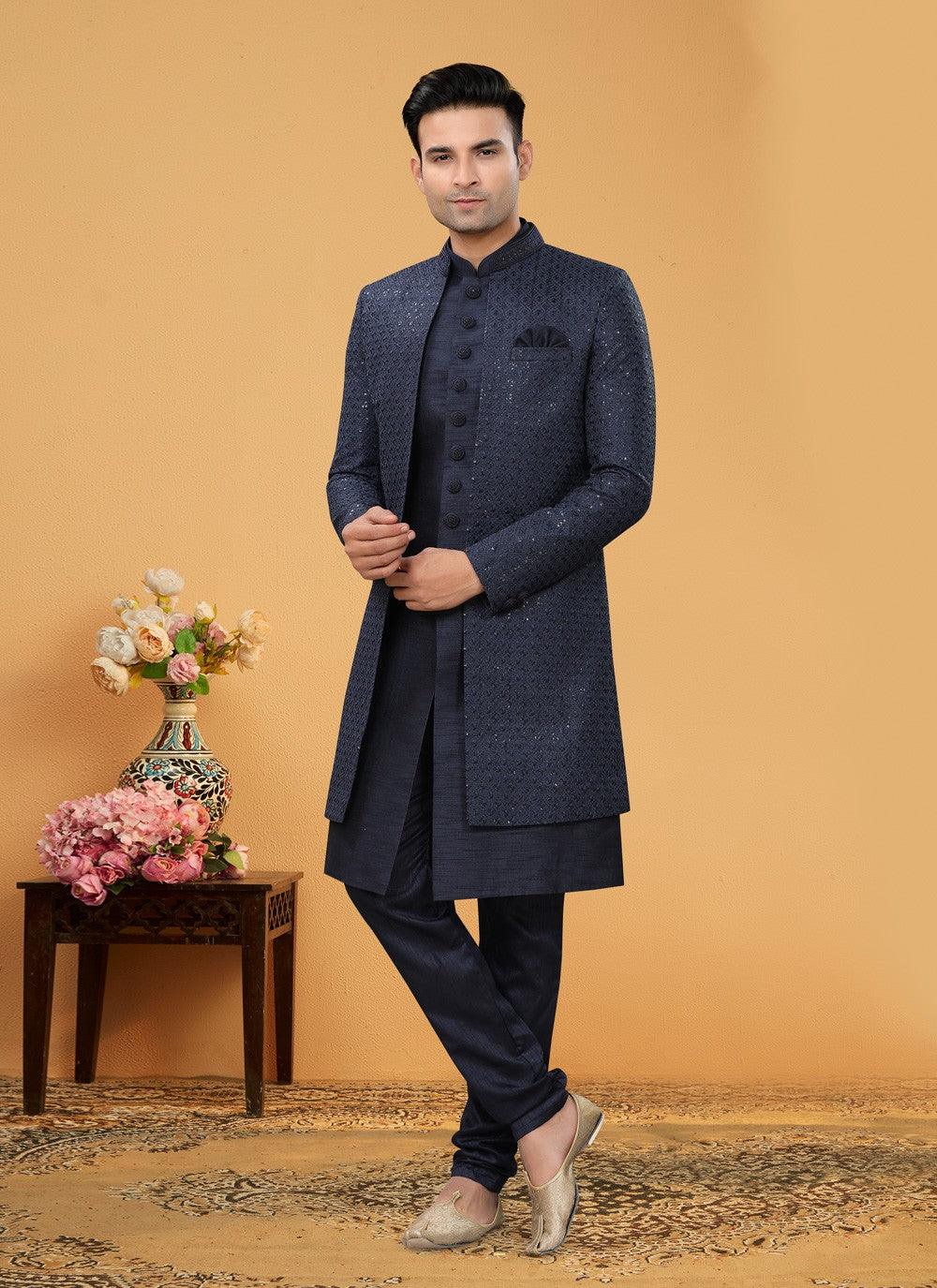 Hand Embroidery Art Silk Navy Blue Indo Western Sherwani - M5107