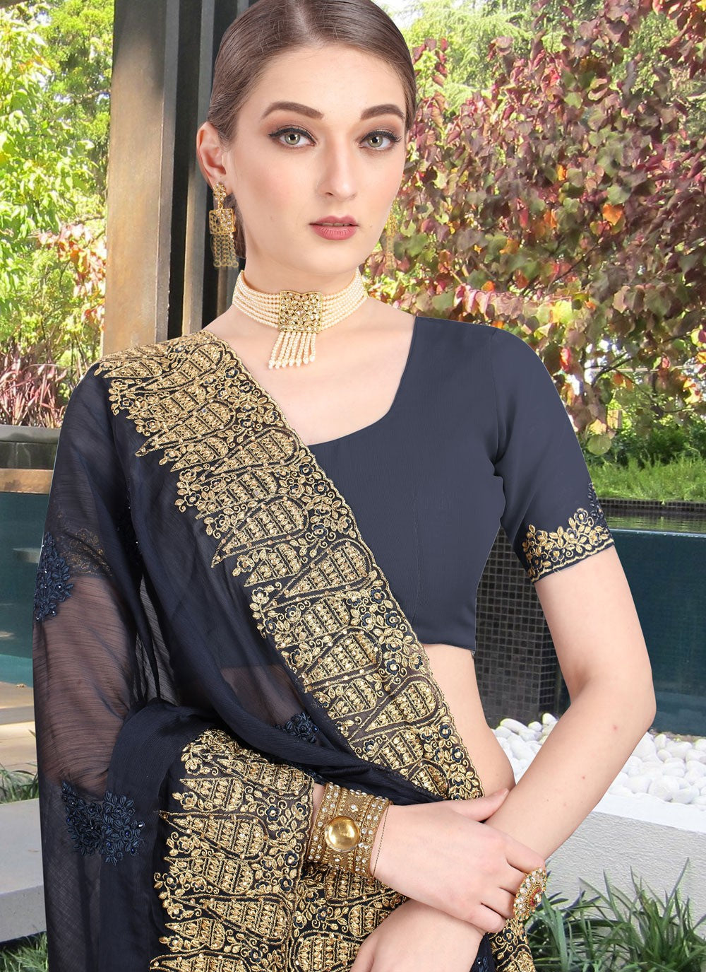 Classic Embroidered Faux Chiffon Saree - S0668