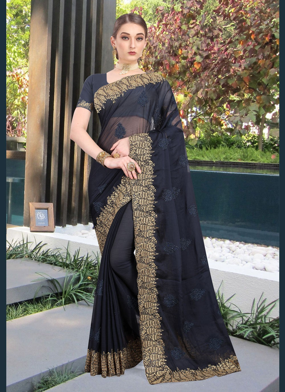 Classic Embroidered Faux Chiffon Saree - S0668