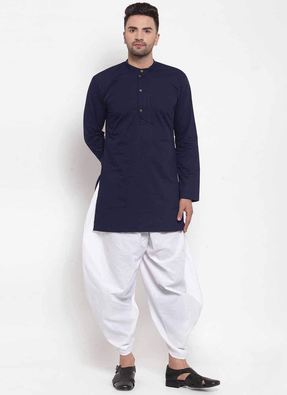 Plain Blended Cotton Navy Blue Dhoti Kurta - M4392