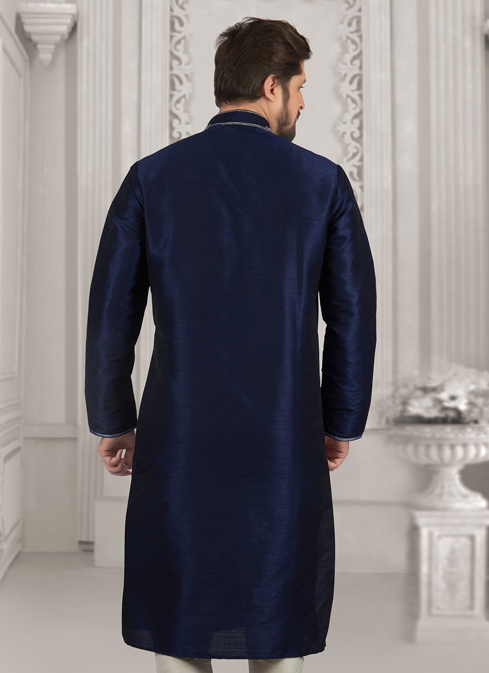 Embroidered Dupion Silk Navy Blue Kurta Pyjama - M6547