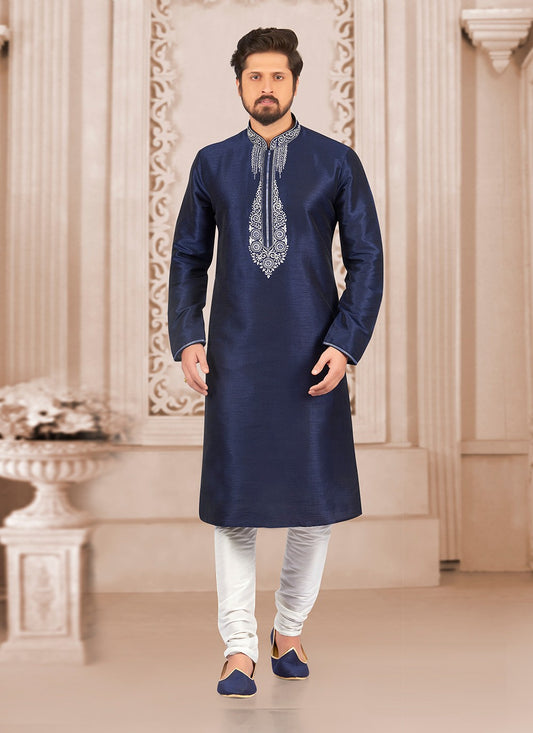 Embroidered Dupion Silk Navy Blue Kurta Pyjama - M6547