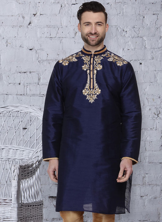 Embroidered Art Dupion Silk Navy Blue Kurta - M1311