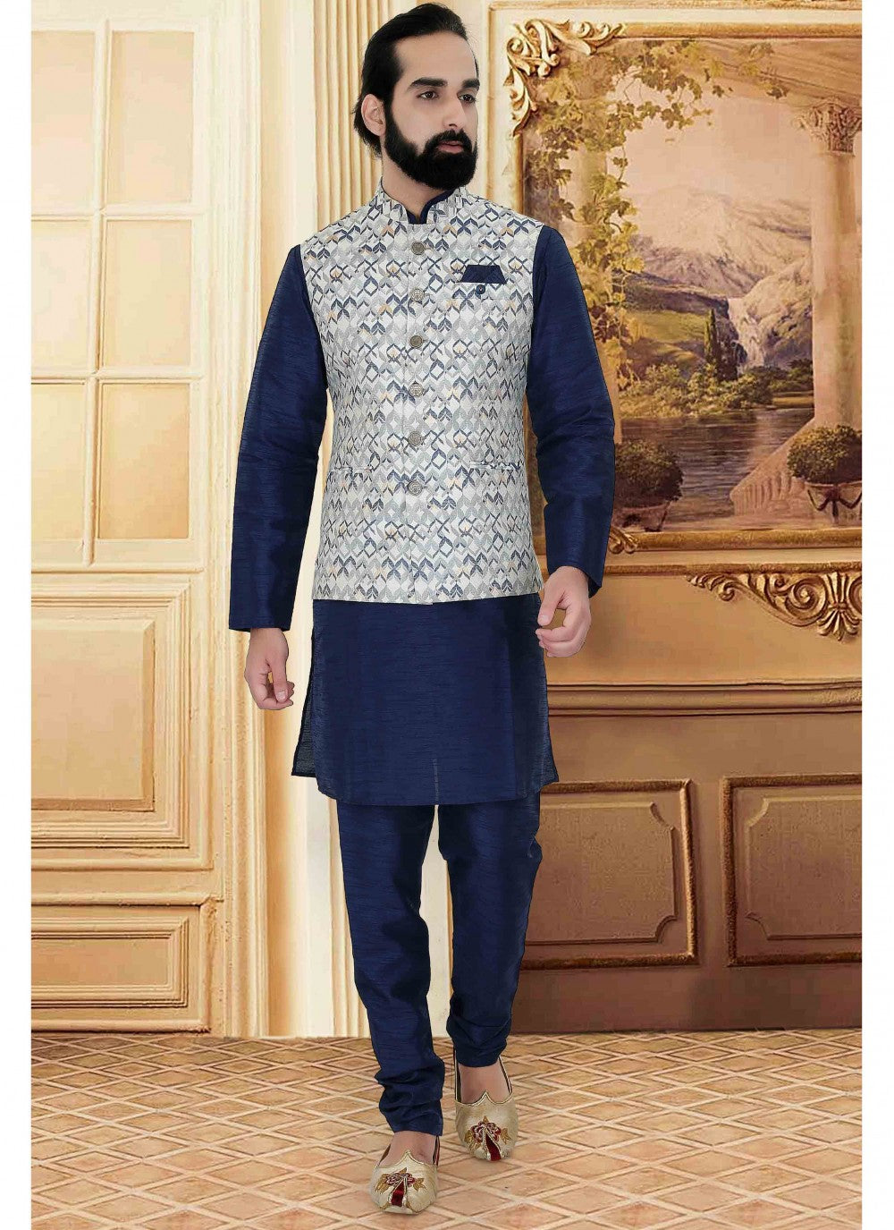 Printed Art Silk Navy Blue Kurta Payjama With Jacket - M1704