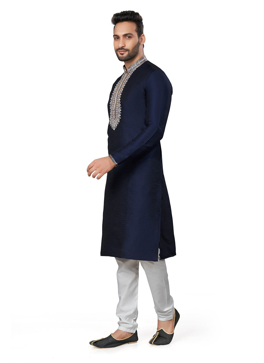 Embroidered Silk Navy Blue Kurta Pyjama - M6399