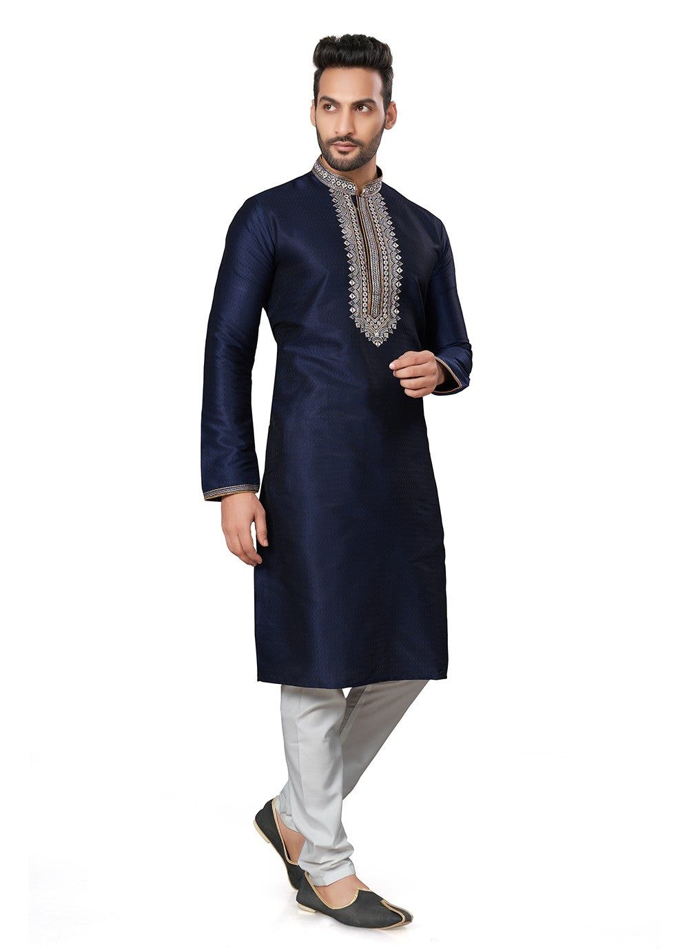 Embroidered Silk Navy Blue Kurta Pyjama - M6399