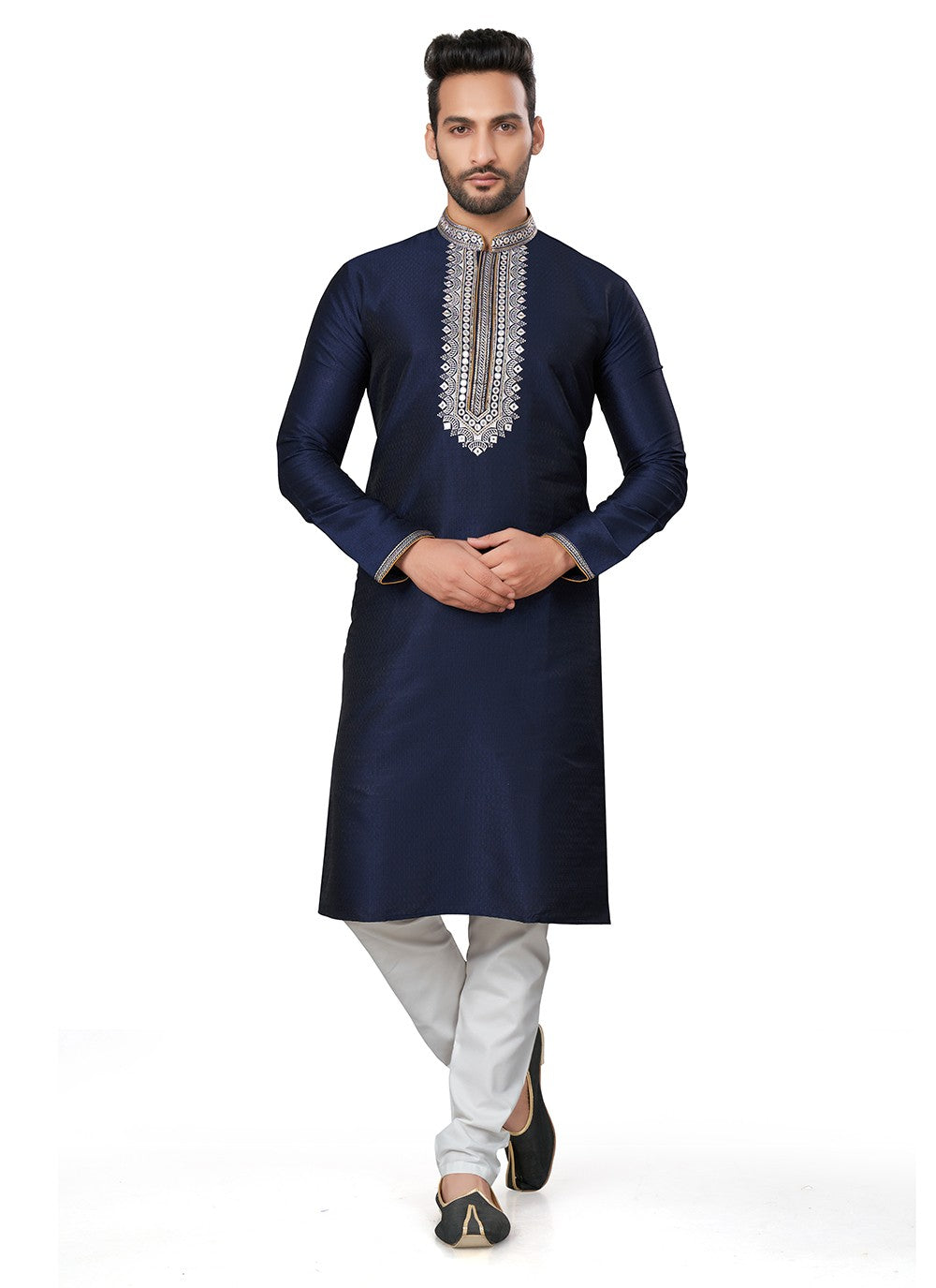 Embroidered Silk Navy Blue Kurta Pyjama - M6399