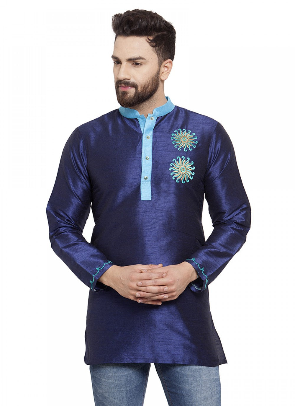 Embroidered Art Dupion Silk Navy Blue Kurta - M1246