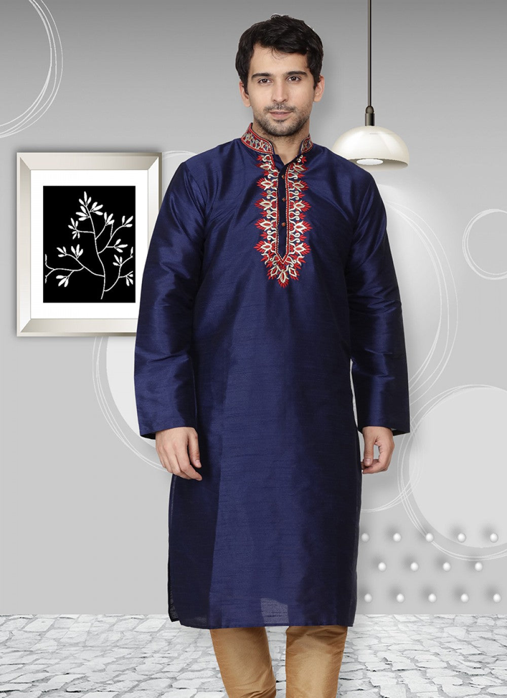 Embroidered Art Dupion Silk Navy Blue Kurta - M1254