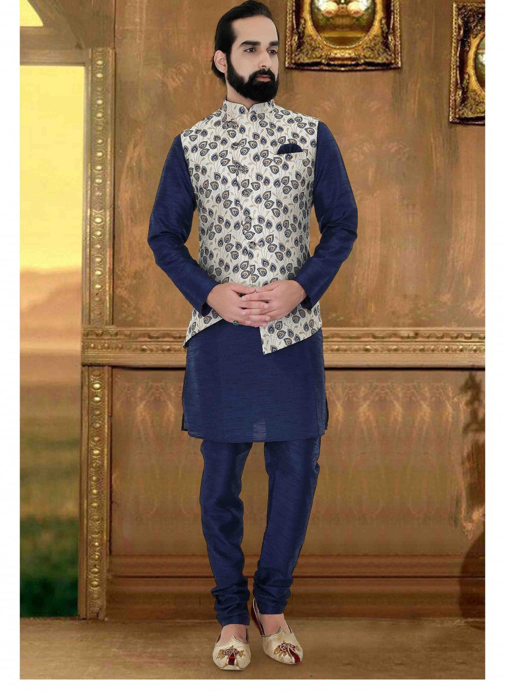 Plain Art Silk Navy Blue Kurta Payjama With Jacket - M1713