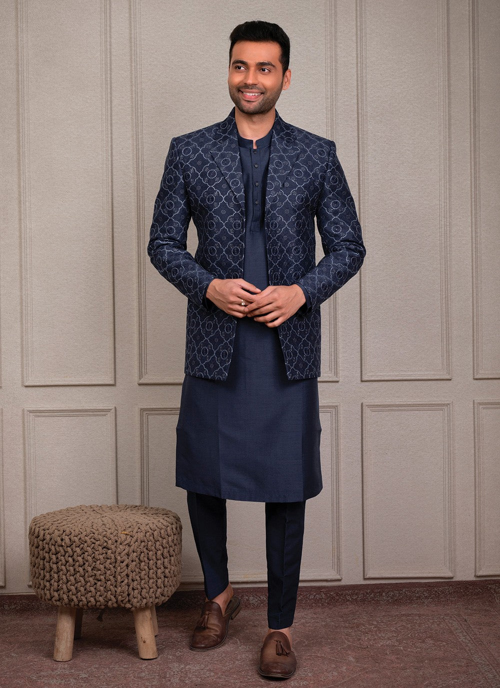 Embroidered Silk Navy Blue Kurta Payjama With Jacket - M8354