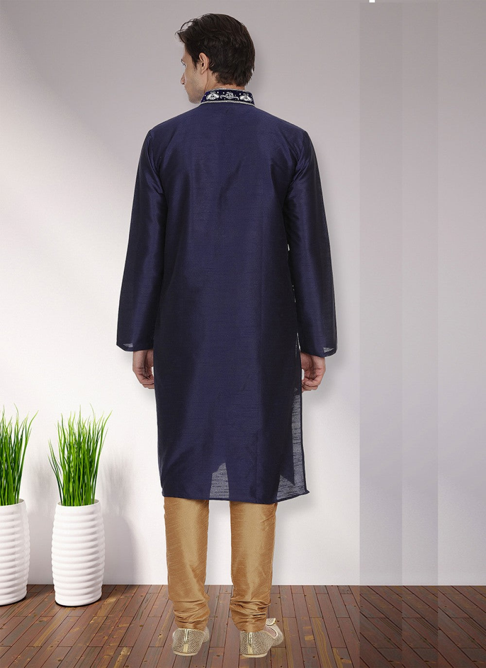 Patch Art Dupion Silk Navy Blue Kurta Pyjama - M1128