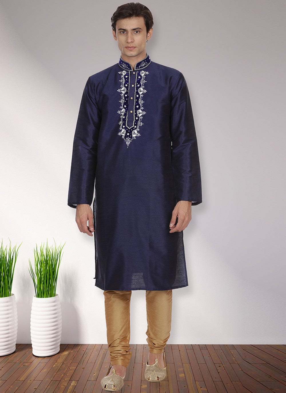 Patch Art Dupion Silk Navy Blue Kurta Pyjama - M1128