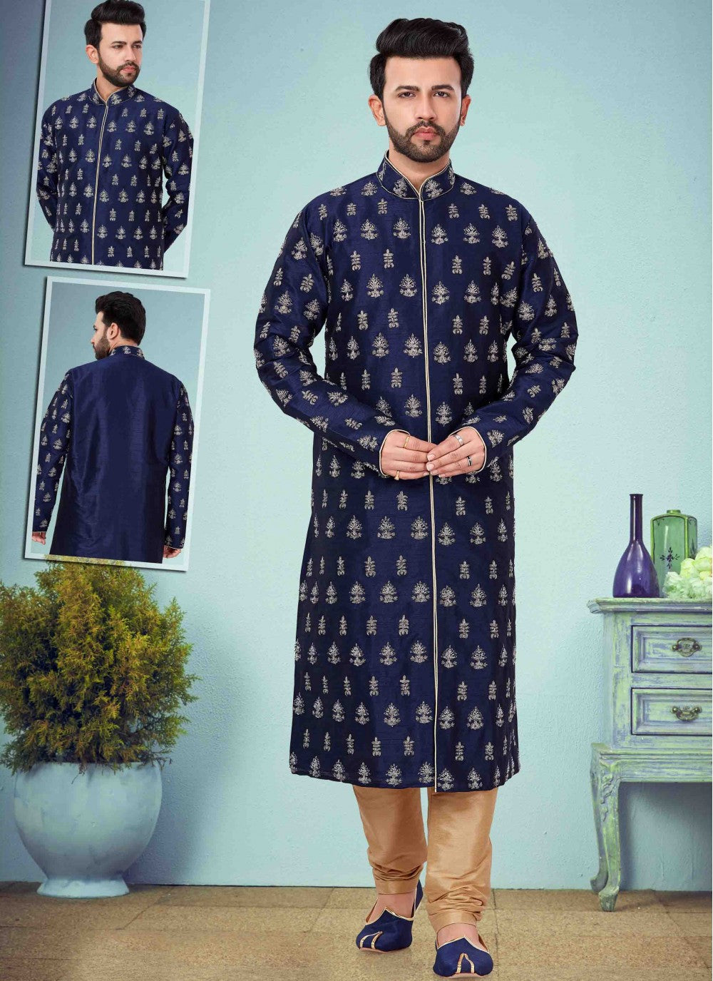 Embroidered Art Dupion Silk Navy Blue Kurta Pyjama - M1644