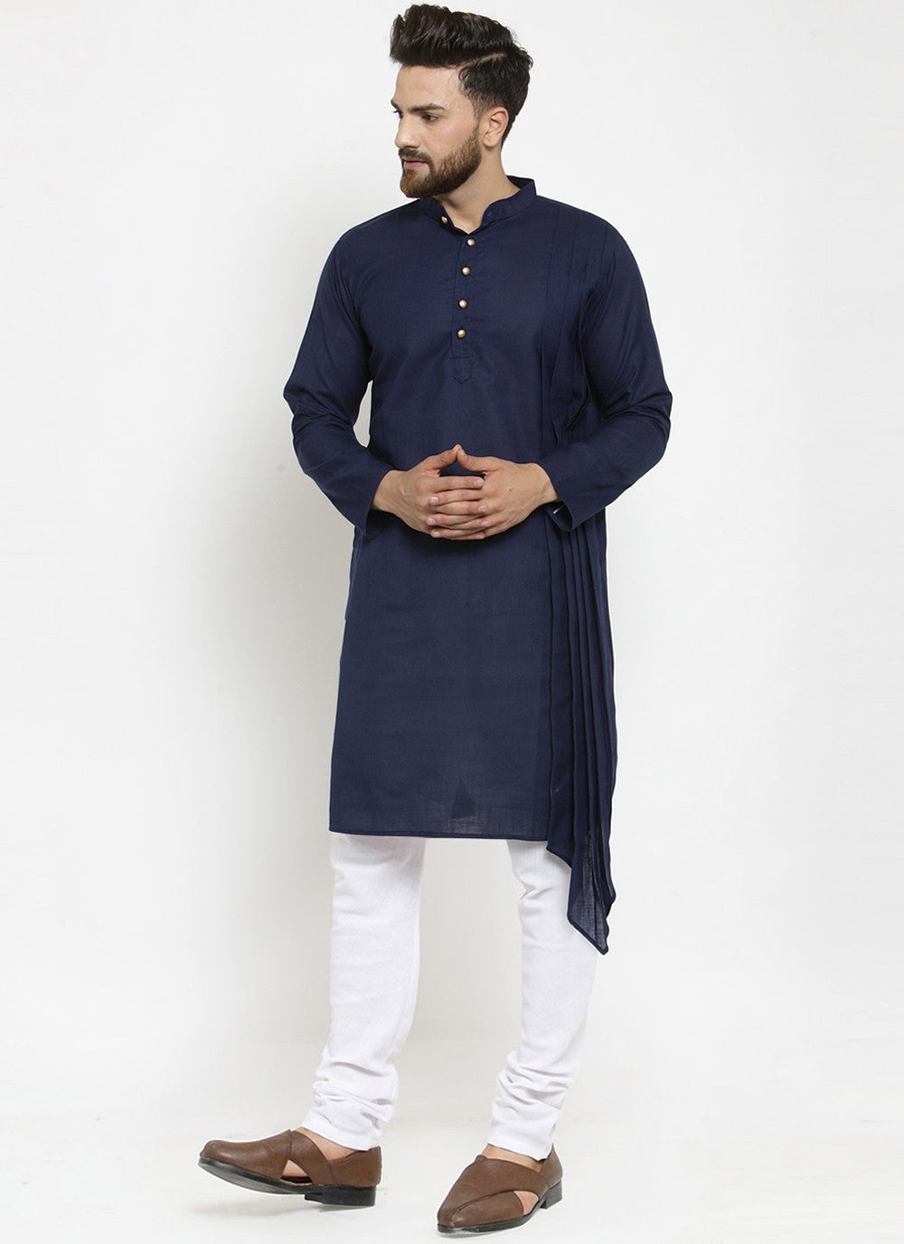 Plain Blended Cotton Navy Blue Kurta Pyjama - M1987