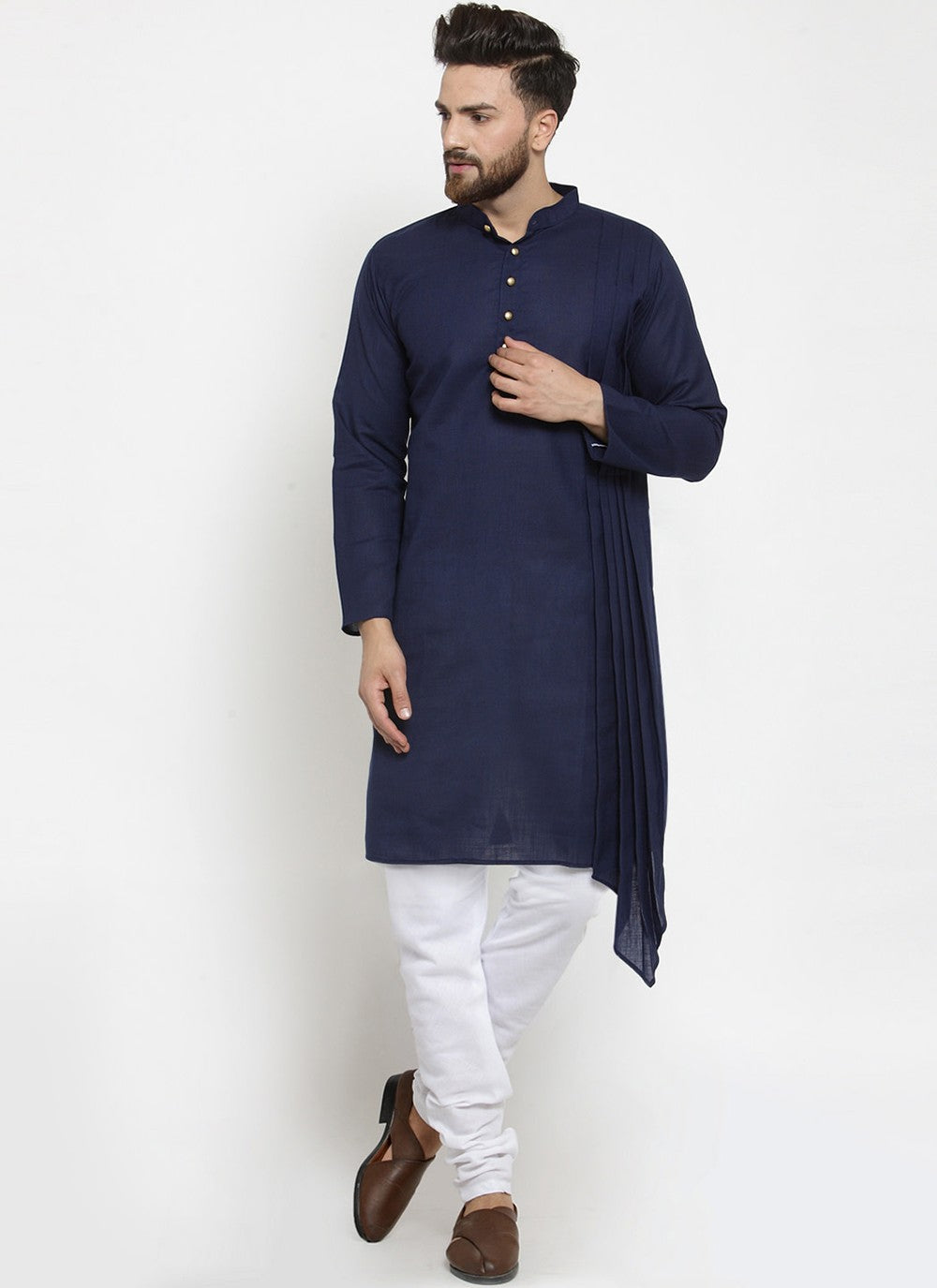 Plain Blended Cotton Navy Blue Kurta Pyjama - M1987