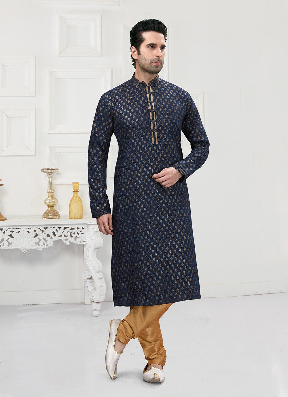 Printed Cotton Navy Blue Kurta Pyjama - M3144