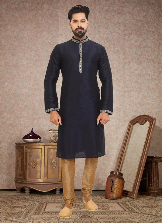 Embroidered Dupion Silk Navy Blue Kurta Pyjama - M3337