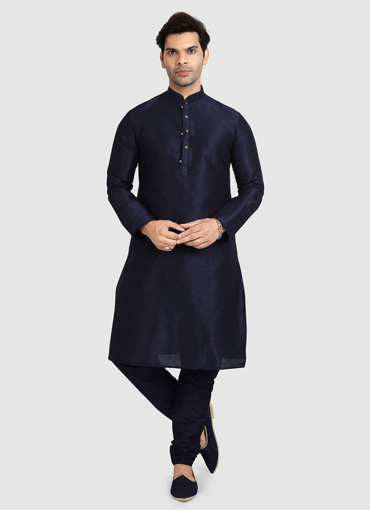 Plain Art Silk Navy Blue Kurta Pyjama - M3410