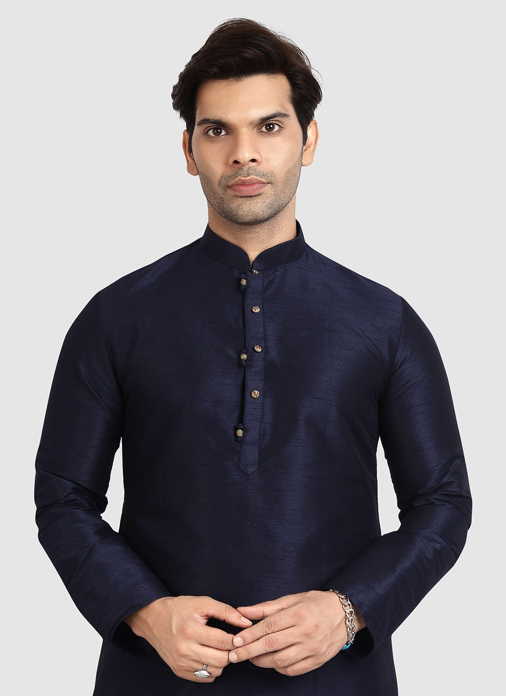 Plain Art Silk Navy Blue Kurta Pyjama - M3410