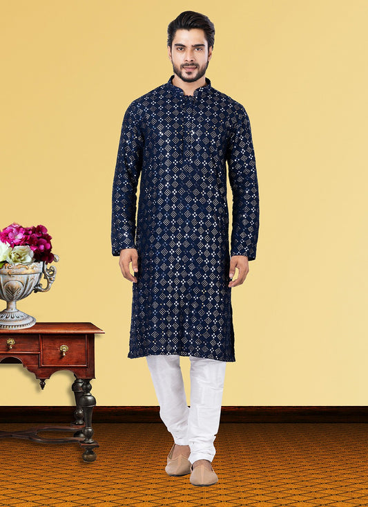 Embroidered Georgette Navy Blue Kurta Pyjama - M3718