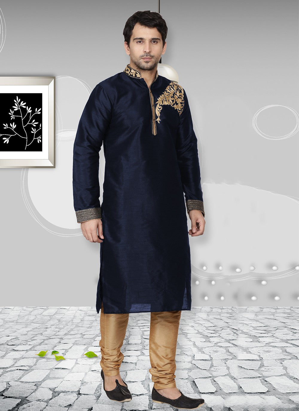 Embroidered Dupion Silk Navy Blue Kurta Pyjama - M6538