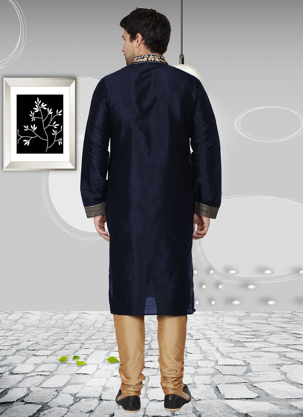 Embroidered Dupion Silk Navy Blue Kurta Pyjama - M6538