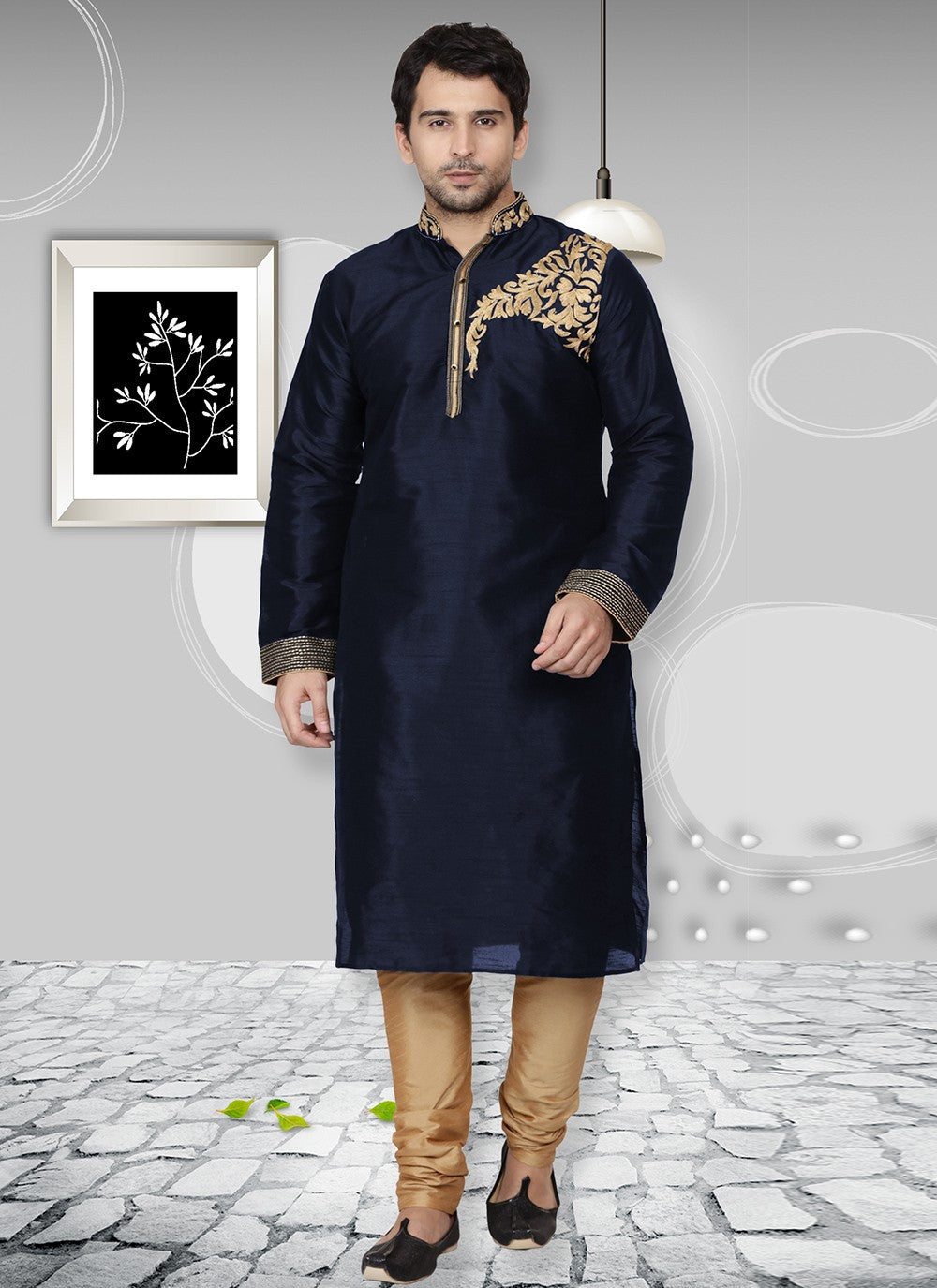 Embroidered Dupion Silk Navy Blue Kurta Pyjama - M6538