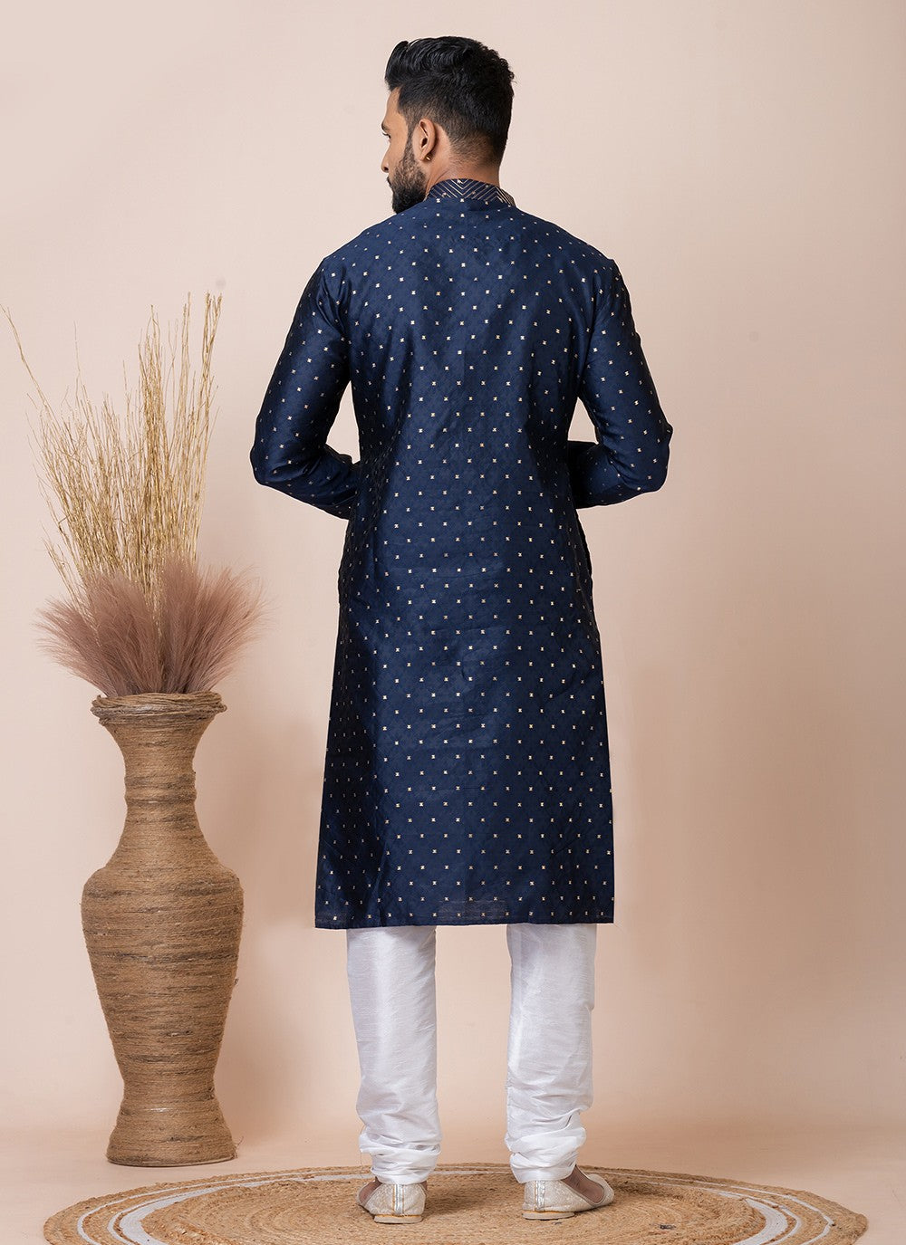 Printed Jacquard Silk Navy Blue Kurta Pyjama - M8548