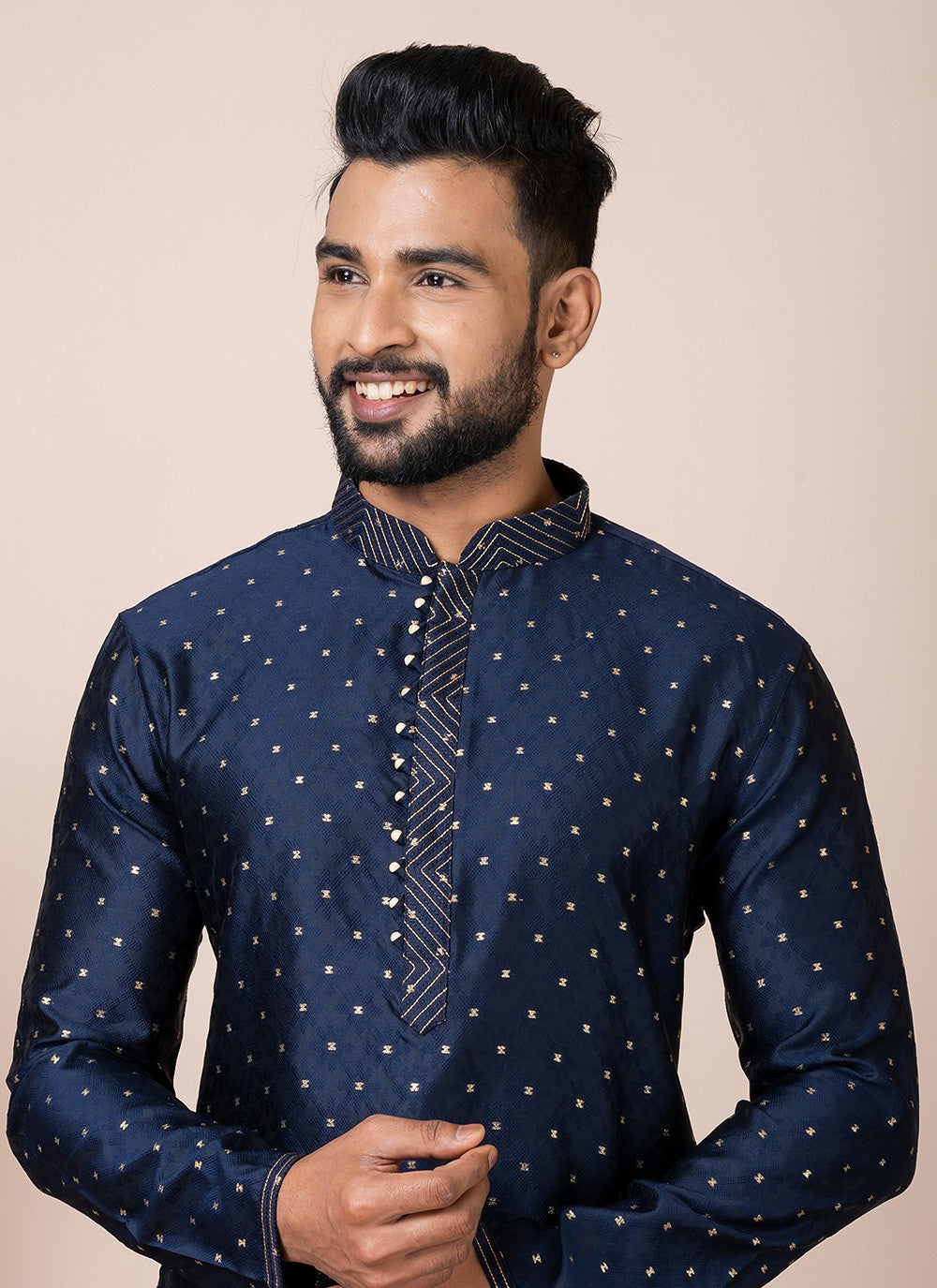 Printed Jacquard Silk Navy Blue Kurta Pyjama - M8548